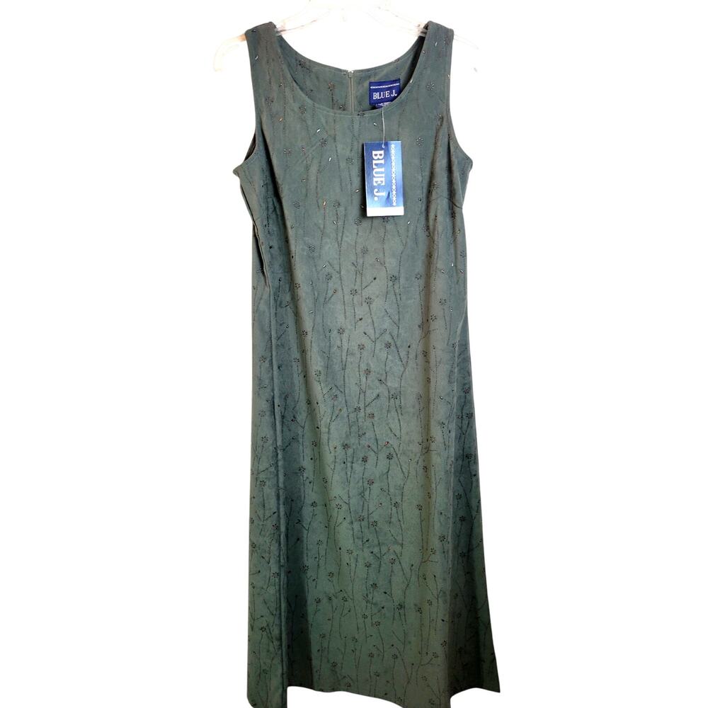 VTG‎ NWT Blue J. Olive Green Faux Suede Paint Beads Sleeveless Dress Sz Medium